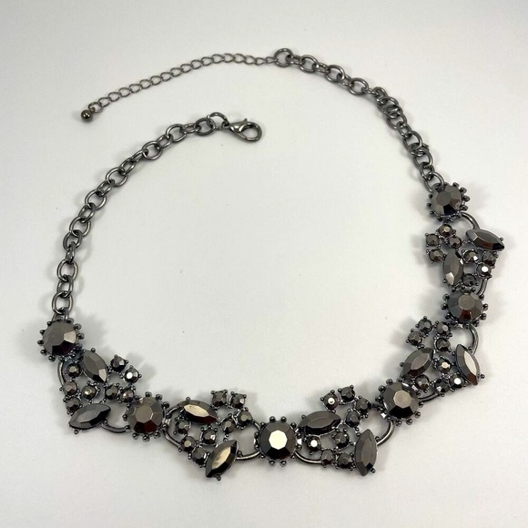 Gunmetal Dark Silver Rhinestone Statement Bib Collar Necklace Boho Glitz - Picture 1 of 7